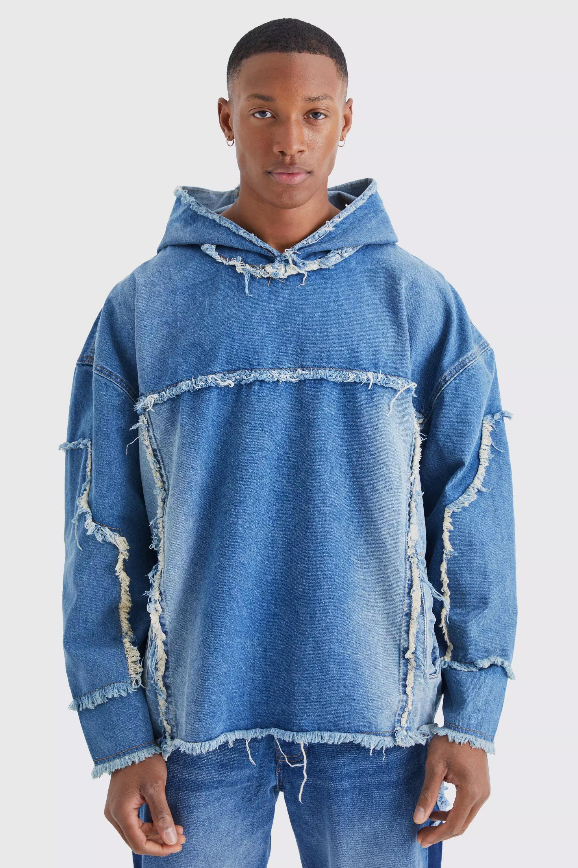 Oversized Frayed Edge Denim Hoodie